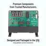 A straight front view of the DayCounter. Text indicates Designed & Packaged in USA with global components.